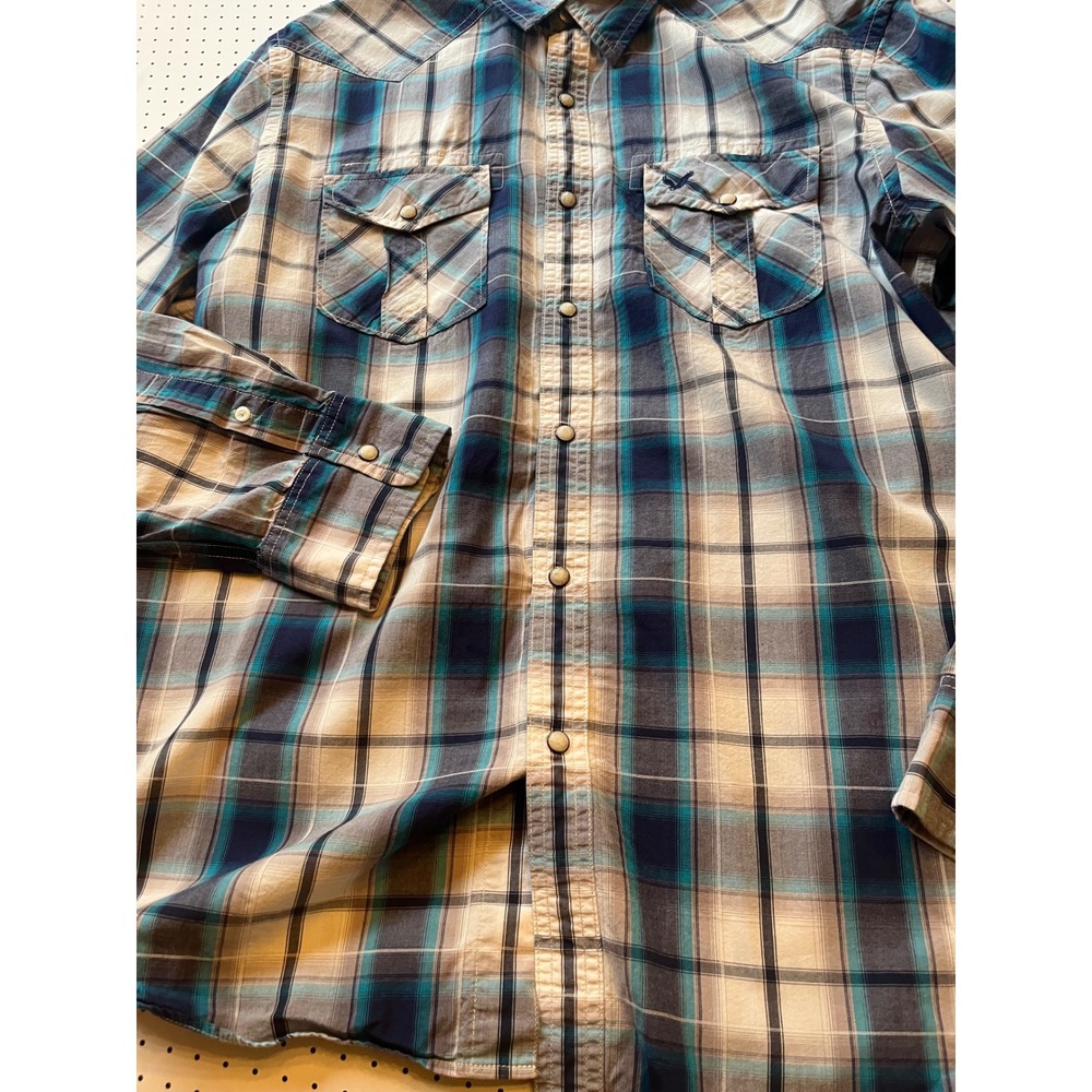 American Eagle Western Shirt Mens‎ XL Plaid Pearl Snap Cowboy Vintage Fit Blue - Picture 3 of 10